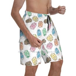 Men's Shorts Kawaii Milky Pattern Breathable Personality Holiday Beach Milk Boba Tea Coffee Peach Mint Chocolate Banana