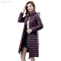 Mother's Down Cotton Coat Korean Version New Thin And Light Mrs Jacket Fashion Hooded Long Casual Outerwear Top L220730