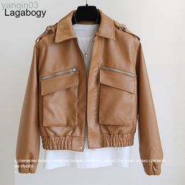 Lagabogy New Autumn Brown Short Faux Leather Coat Women Spring Long Sleeve Biker Jacket Female Zipper Causal Pocket Outwear L220801