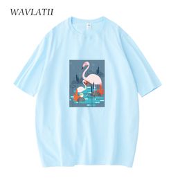 Wavlatii Women Light Blue Flamingo Pattern Tshirts Femenino Black Casual Tees Lady Manga corta para el verano WT2121 220511