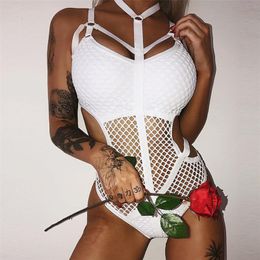 Solid Halter Sexy Underwear Bodysuit Tops Style Fishing Net Cut-out Fashion Designer Women Bodycon See-through Playsuit 220725