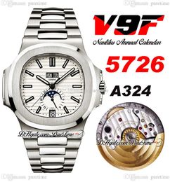 V9F 5726 Annual Calendar A324 Automatic Mens Watch White Textured Dial Stick Moon Phase Stainless Steel Bracelet Super Edition Puretime PTPP Cal 324 V9C3