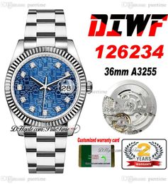 DIWF 36mm 126234 SA3235 Automatic Mens Watch Fluted Bezel Blue LOGO Dial Diamonds Markers 904L Steel Oystersteel Bracelet Super Edition Puretime L11