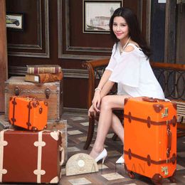 Rolling Luggage Set Women Travel Suitcase On Wheels Pu Leather Trolley Case Retro Vintage Bag '' Inch J220708 J220708