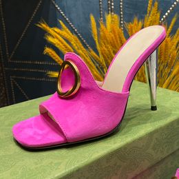PEMBE terlik yumuşak Kaşmir kadın Sandalet tasarımcısı Klasik dairesel düğme Sandalet 7CM/10CM yüksek topuklu ayakkabı Koni Topuklu Yenilik terlik 35-42