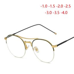 Fashion Sunglasses Frames Round Alloy Lightweight Half Frame Myopia Eyeglasses 1.56 Aspherical Lens Prescription Glasses Men Women -1.0 -1.5