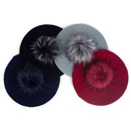 Fashion Women Boho Winter Autumn Hats With Faux Fur Pom Slouchy Knitted French Artist Berets Girls Solid Color Hairball caps J220722