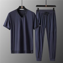 Men's Tracksuits Sports Suits For Men Summer High Quality Ice Silk V-neck Short-sleeved T-shirt Sets Men's Quick-drying Thin ClothesMen'
