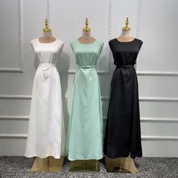 Fashion Silky Islamic Inside abayas Robes Fancy Dress French Stylish Modesty Islamic Dress With Belt WY56