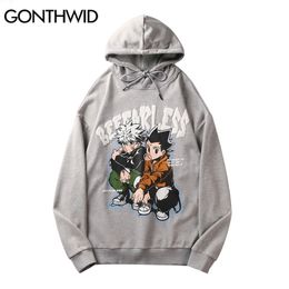 GONTHWID Mens Streetwear Hoodie Hip Hop Sweatshirt Japanese Anime Cartoon Print Hooded Mens Harajuku Cotton Pullover Black 220714