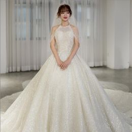 2022 new starry sky main wedding dress trailing small round neck French light simple lace sequins Wed Dresses Vestido de novia