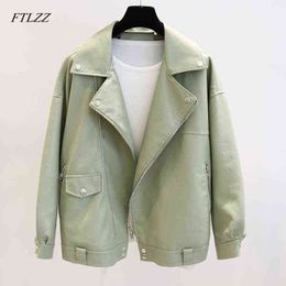 FTLZZ New Spring Faux Leather Pu Jacket Women Loose BF Coat Female Turndown Collar Moto Biker Rivet Zipper Vintage Street Jacket L220728