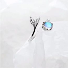 Ring Real 925 Sterling Silver Cute tail moonstone Personality Adjustable Ring Fine Jewellery For Women Party Elegant Accessories GC1499