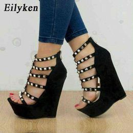 Sandals Eilyken Black Fashion Metal Rivet Zipper Gladiator Platform Wedges Women Sandals High Heels Summer Sexy Ladies Shoes Size 35 42 220318