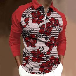 Men's Polos White Full Sleeve Shirt Men Mens Fashion Casual Sports Digital Print Lapel Raglan Zipper Long TopMen's