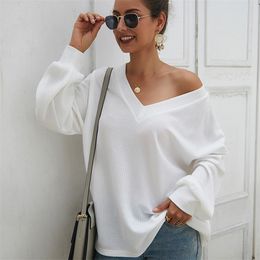 Meyooe Women Sexy Sweater Autumn Winter V Neck Long Sleeve Off Shoulder Loose Solid Pullover Sweater For Women Jumper Femme 201016