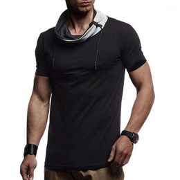 Men Sporty Short Sleeve Color Block Turtle Neck T-shirt Drawstring Slim Blouse Solid Male Tops Large Size Men's Polos