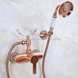 Bathroom Shower Sets Antique Red Copper Faucet Bath Mixer Tap With Hand Head Set Wall Mounted Kna351Bathroom