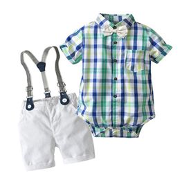 Clothing Sets Cotton Baby Boy Gentleman Birthday Clothes Suits Born Party Dress Plaid Rmper Belt Pants Toddler Gift SetClothing