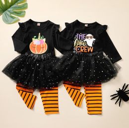 Clothing Sets Fashion Kids Girls Halloween Clothes Set Black Round Collar Pullover T Shirt Leggings Yarn Skirt Baby's CostumeClothing