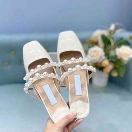 Sandals Luxury Pearl Beaded Slippers Designer Fashion Square Toe Flat Sandals Women High Heels Flip Flops 220318