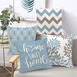 Pillow Case Lake blue white geometric linen pillowcase sofa cushion cover home decoration can be Customised for you 40x40 45x45 50x50 60x60 220623
