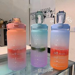 2L Large Capacity Water Bottle Straw Cup High Temperature Plastic Water Cup Time Scale Frosted Outdoor Sports Student Couple Cup C0531G3