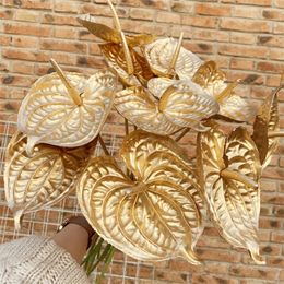 Decorative Flowers & Wreaths Gold Anthurium Plant Artificial For Christmas Tree Year Home Vase Decoration Fake ArrangementDecorative