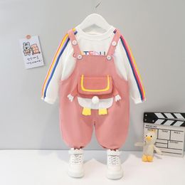 Clothing Sets Spring Baby Girl Outfit Fashion Striped Long Sleeve T-Sleeve Duck Pocket Suspenders Cute Toddler 2 Piece SetClothing