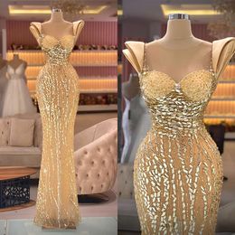 Glitter Crystals Sleeveless Prom Dresses Yellow Sheer Neck Jewel Evening Dress Custom Made Beaded Illusion Sequins Women Formal Celebrity Party Gown
