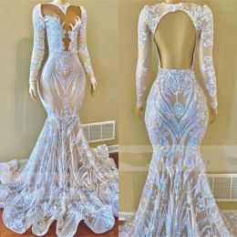 2022 Long Sleeves Prom Dresses Jewel Neck Floor Length Mermaid Sparkly Lace Sequins Applique Sexy Backless Custom Made Plus Size Evening Party Gown Vestidos 401 401