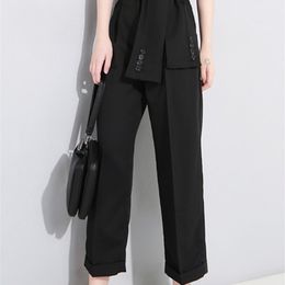 [EAM] Spring High Waist Lace Up Black Slim Temperament Trend Fashion Women's Wild Casual Wide Leg Pants LA2 220325