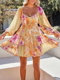 Casual Dresses Bohemian Print Mini Dress For Women Summer Female Thin Slim Long Sleeve Streetwear Flare Patchwork DressesCasual