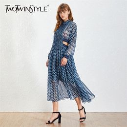 TWOTYLE Vintage Hollow Out Dress For Female Stand Collar Long Sleeve High Waist Print Elegant Dresse Spring 220423