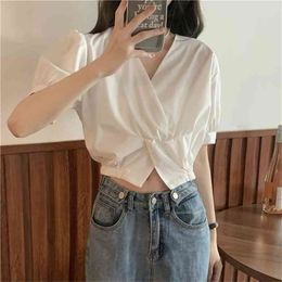 Chic Puff Sleeve Top French Temperament V neck Twist Short Shirt Loose Casual Cropped Tops Blouse Women 210601