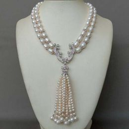 2 Strands White Rice Pearl Necklace Pearl Tassel Pendant 18"