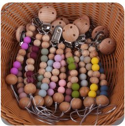 Baby Pacifier Holders Hole Beech Cilp Soild Color Silicone Wood Beads Pacifiers Anti-Drop Chain Newborn Nipple Kids Chew Toy