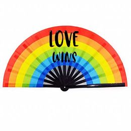 34 cm Large Folding Hand Fan Party Fold Dot Rainbow Print Black Bamboo & Nylon-Cloth Festival Handheld Fan For Gift