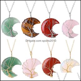 Arts And Crafts Natural Crystal Pendant Gold Sier Tree Of Life Moon Shape Reiki Polished Mineral Jewellery Healing Stone Fo Sports2010 Dhk6B