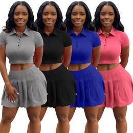 Wholesale Women Dress Sets Summer Outfits Short Sleeve T Shirt+Pleated Skirt Two Piece Set Casual Matching Set Solid Skirts Suits 7242