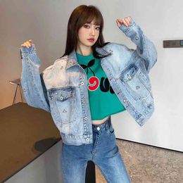 summer autumn new letter stickers full of hand sewn drill flower embroidery shoulder drop short denim jacket