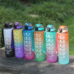 32oz/1000ml Tritan Water Bottle With Straw Lid Sports Mug BPA-Free Travel Flask Cup Time-mark Scale Frosted Painting