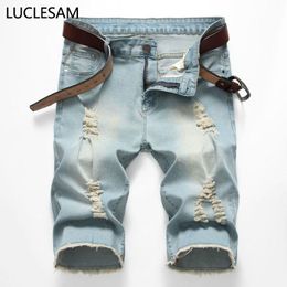 Jeans maschile maschile dritti strappato shorts hip hop moiker blu elastic 2022 Summer Designer Jean per uomini