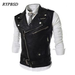 Veste Moto Cuir Fashion Multi Zipper Short Leather Vest Men Motorcycle Turn-Down-Collar Waistcoat Sleeveless Leather Jacket 220507