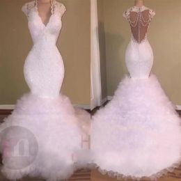 Wedding Mermaid Dresses V Neck Bridal Gown Lace Applique Ruffles Scalloped Crystal Beaded Custom Made Country Plus Size Tiered Vestido estido