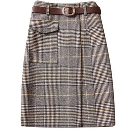 Bella Winter New Plaid Women Wool Skirt Vintage Slim Sexy Lady Elegant Woollen Skirts Cheque Print LJ201029