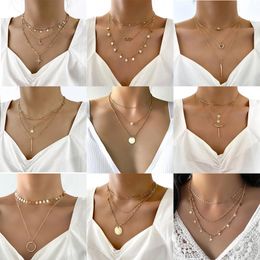 Pendant Necklaces Vintage Boho Fashion Gold Crystal Horn Circle Heart-shaped Geometric Necklace For Women Multilevel Female Chain JewelryPen