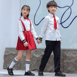 Clothing Sets Kid Japanese School Uniform Striped Shirt Red Pleated Strap Dress Skirt Navy Pants Tie For Girl Boy Clothes Set Student Outfit