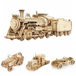 Robotime Rokr 3D Puzzle Movable Steam Train Car Assembly Toy Gift for Children Adult Wooden Model Building Block Kits 220715