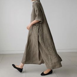 Vestidos de linho de algodão vintage johnature VenCeck Restas de cores sólidas bolsos de manga curta de verão feminino vestidos soltos 210303